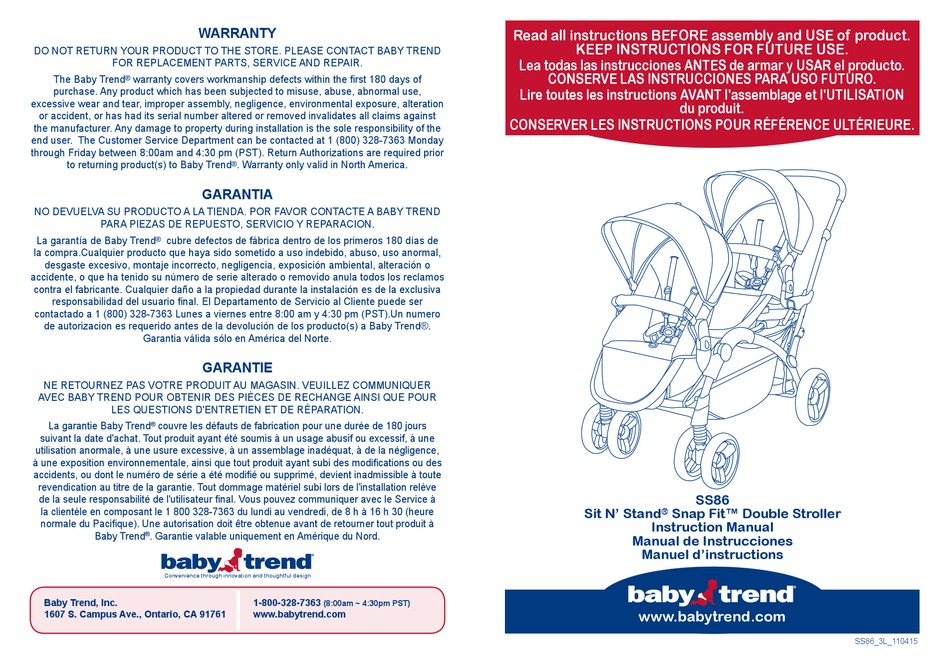 Baby Trend Ss86 Instruction Manual Pdf Manualslib - Baby Trend Double Stroller With Car Seat Instructions