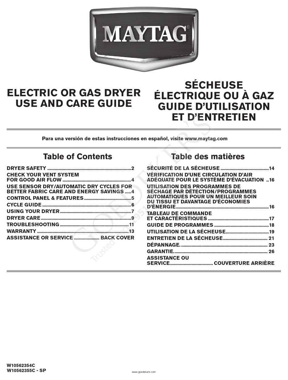 MAYTAG MEDC215EW USE AND CARE BOOK MANUAL Pdf Download ManualsLib