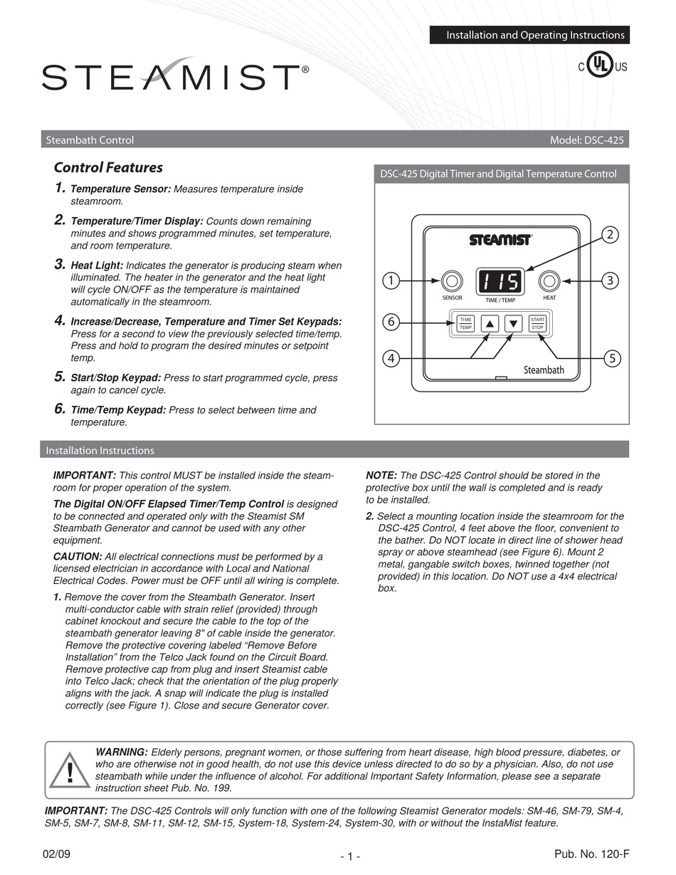 STEAMIST DSC425 INSTALLATION AND OPERATING INSTRUCTIONS Pdf Download