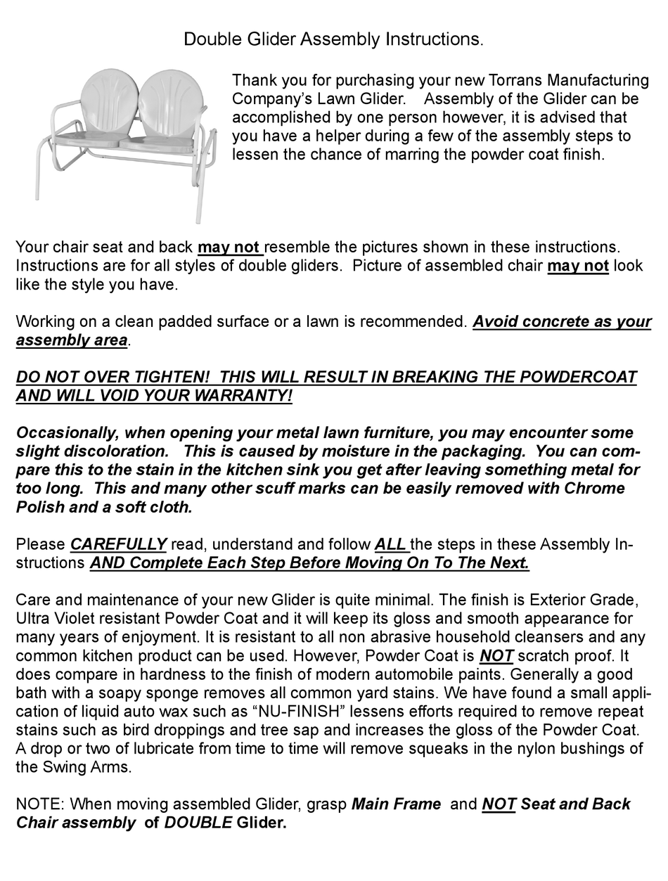 TORRANS DOUBLE GLIDER ASSEMBLY INSTRUCTIONS MANUAL Pdf Download