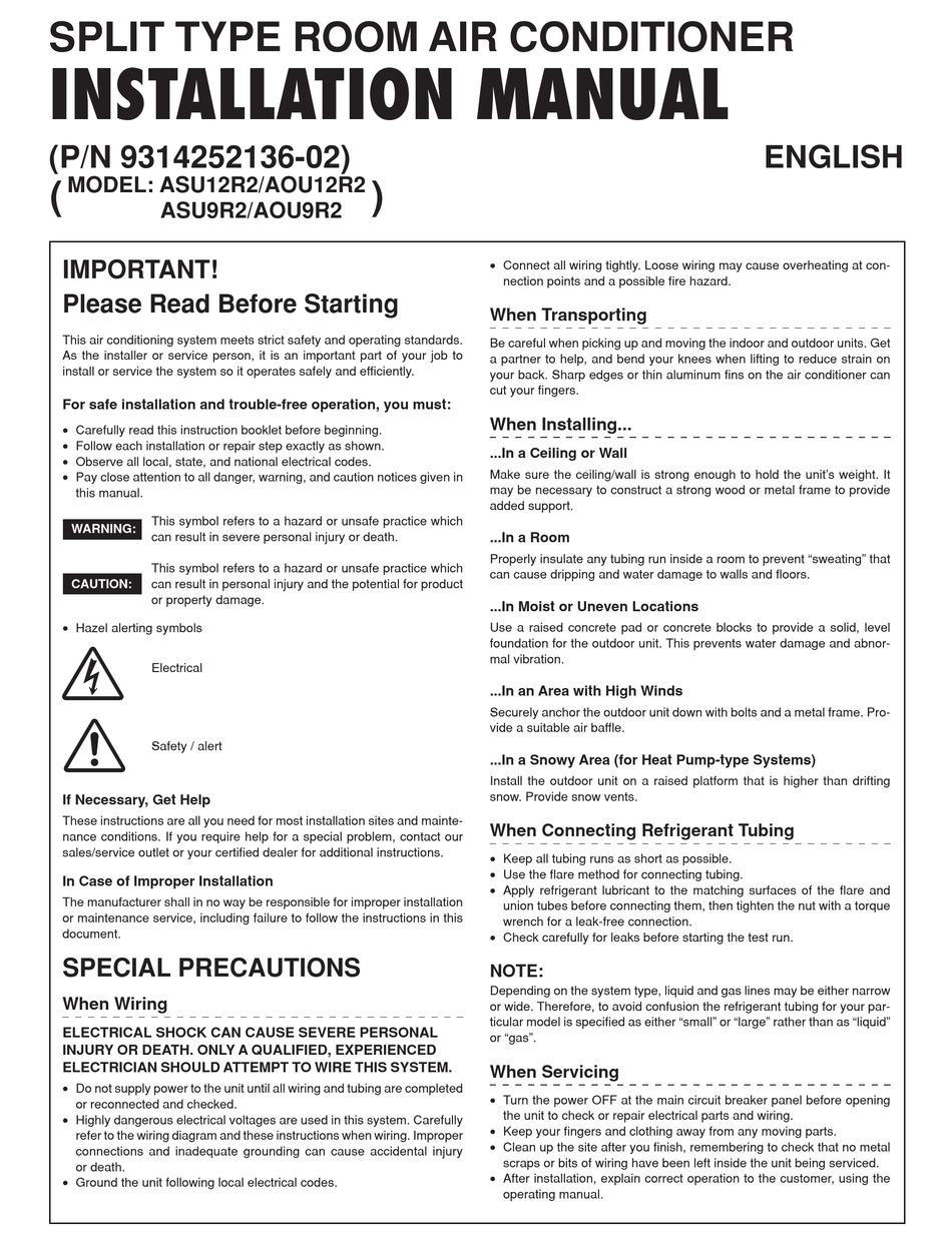 FUJITSU ASU12R2 INSTALLATION MANUAL Pdf Download | ManualsLib