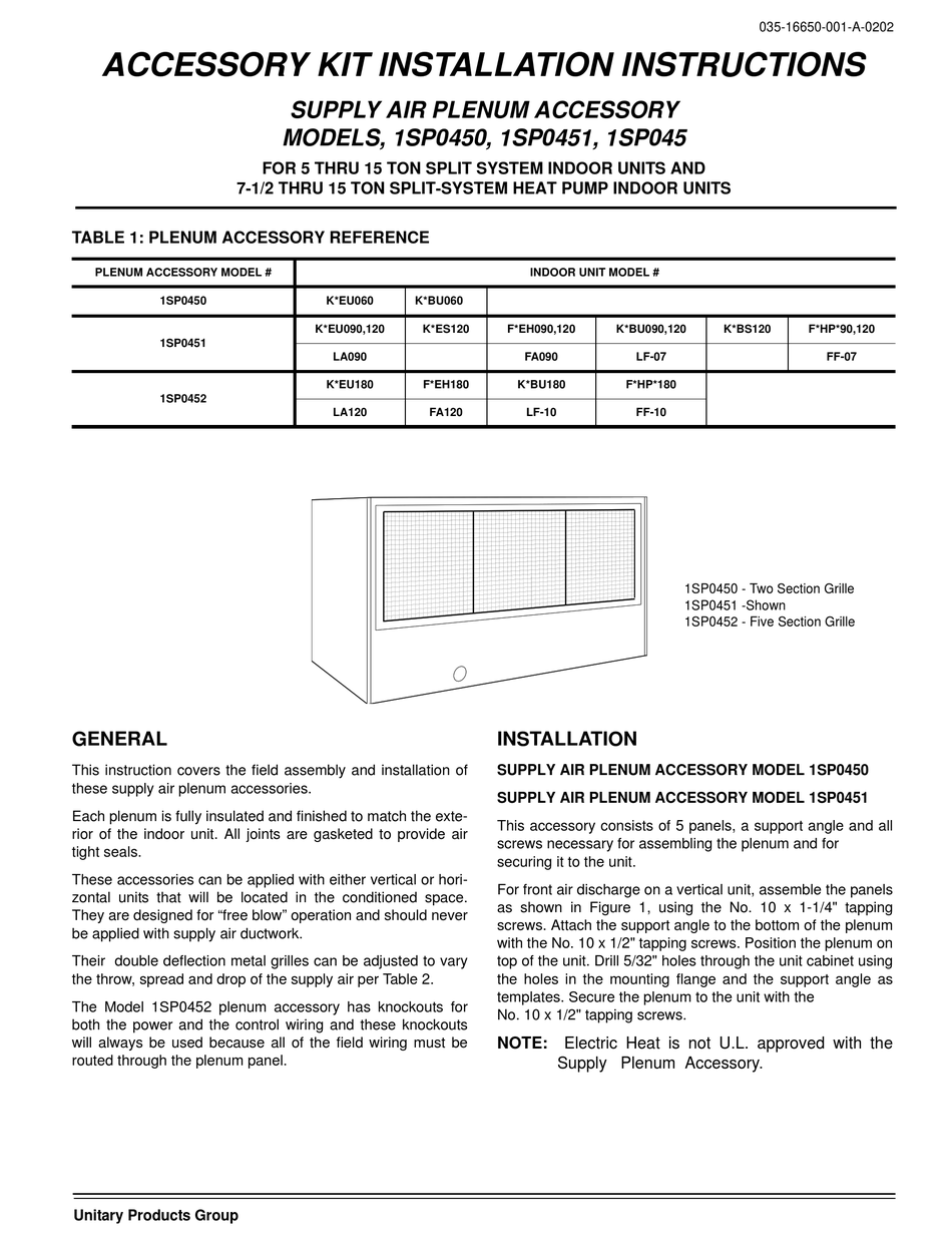 UNITARY PRODUCTS GROUP 1SP0452 INSTALLATION INSTRUCTIONS Pdf Download 