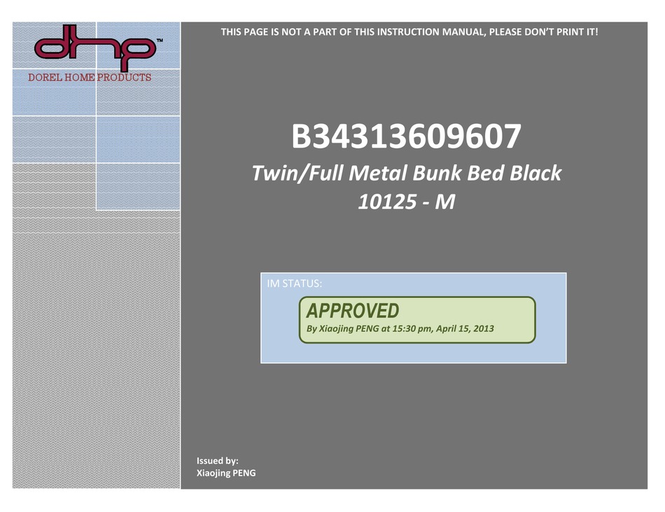 Dhp B34313609607 Assembly Instruction, Titan Black Metal Twin Over Full Bunk Bed Assembly Instructions