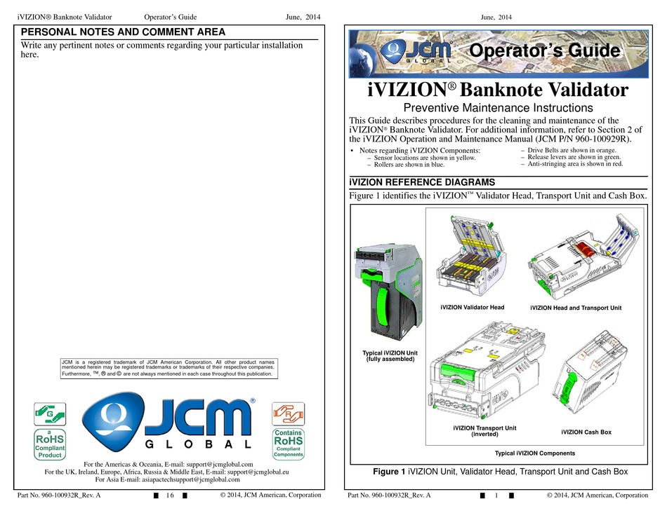 JCM iVIZION BILL VALIDATOR UNITS QUICK REERENCE GUIDE 16 page pocket Guide 