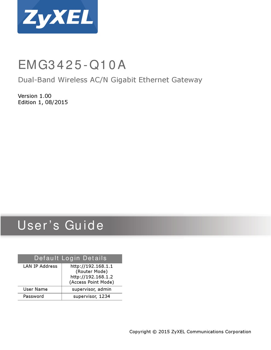 ZYXEL COMMUNICATIONS EMG3425Q10A USER MANUAL Pdf Download ManualsLib