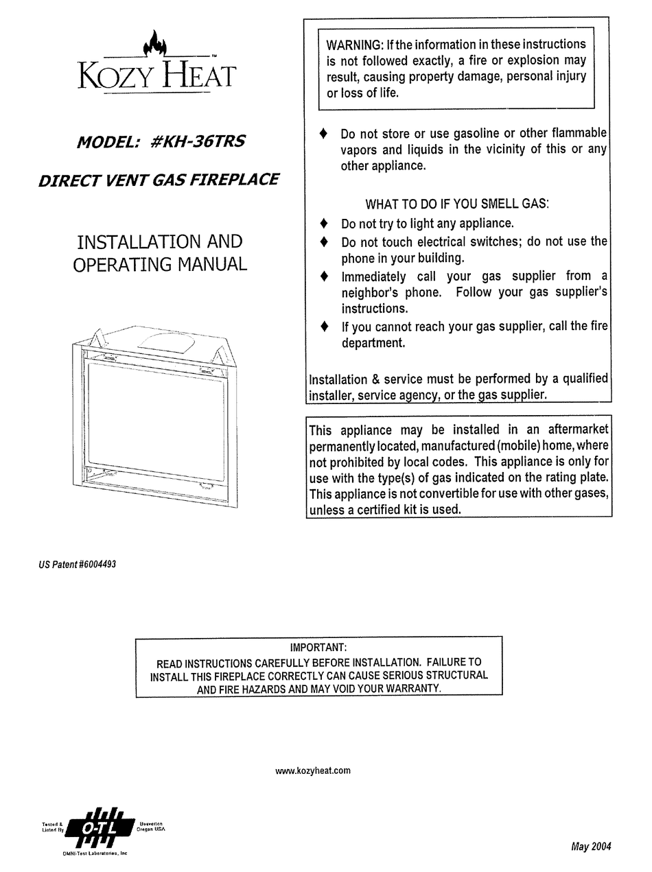 KOZY HEAT KH36TRS INSTALLATION AND OPERATING MANUAL Pdf Download