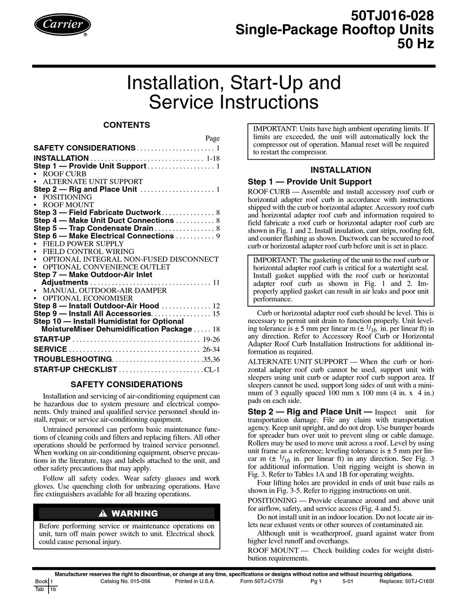 CARRIER 50TJ016-028 INSTALLATION, START-UP AND SERVICE INSTRUCTIONS ...