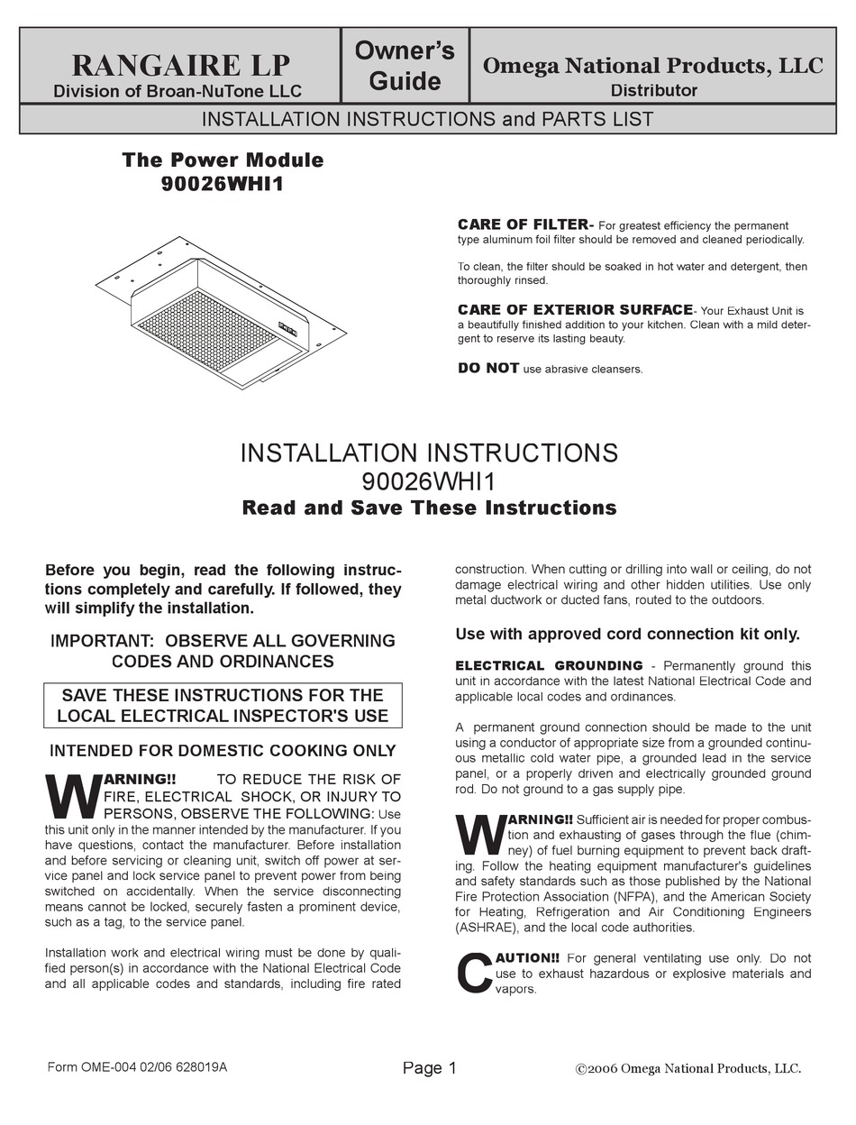 OMEGA NATIONAL 90026WHI1 INSTALLATION INSTRUCTIONS MANUAL Pdf