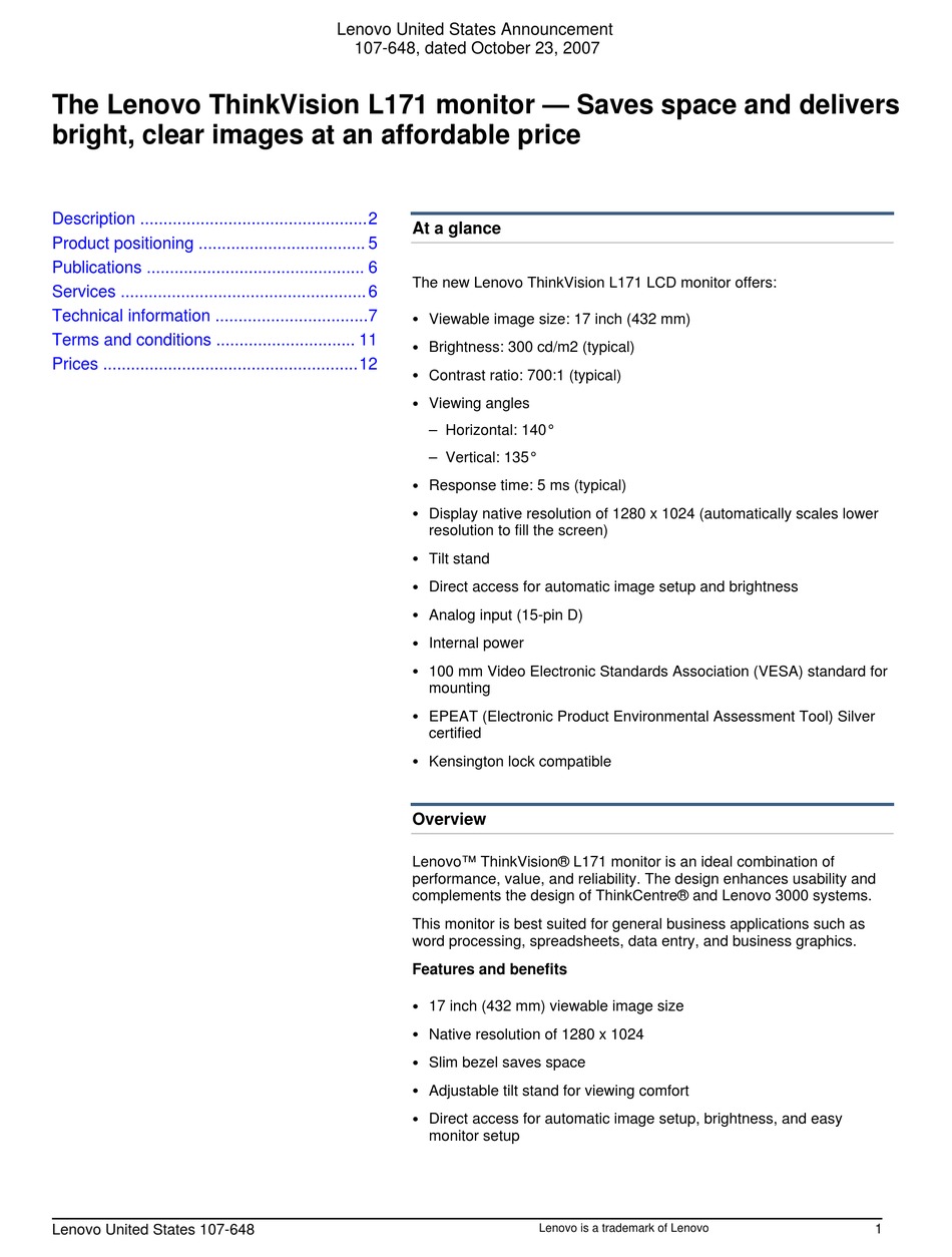 LENOVO THINKVISION L171 MANUAL Pdf Download  ManuaLib