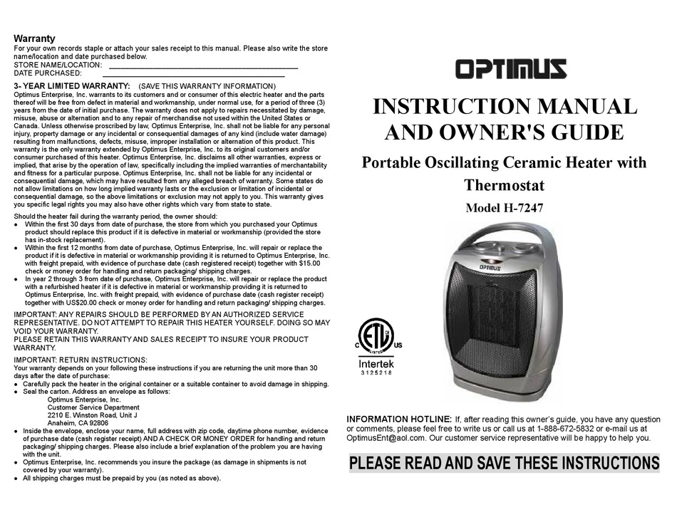 Optimus H-7247 Calefactor cerámico oscilante, portátil, con termostato