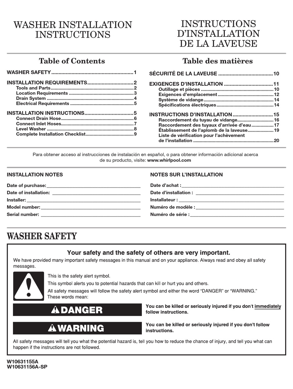 MAYTAG W10631155A INSTALLATION INSTRUCTIONS MANUAL Pdf Download