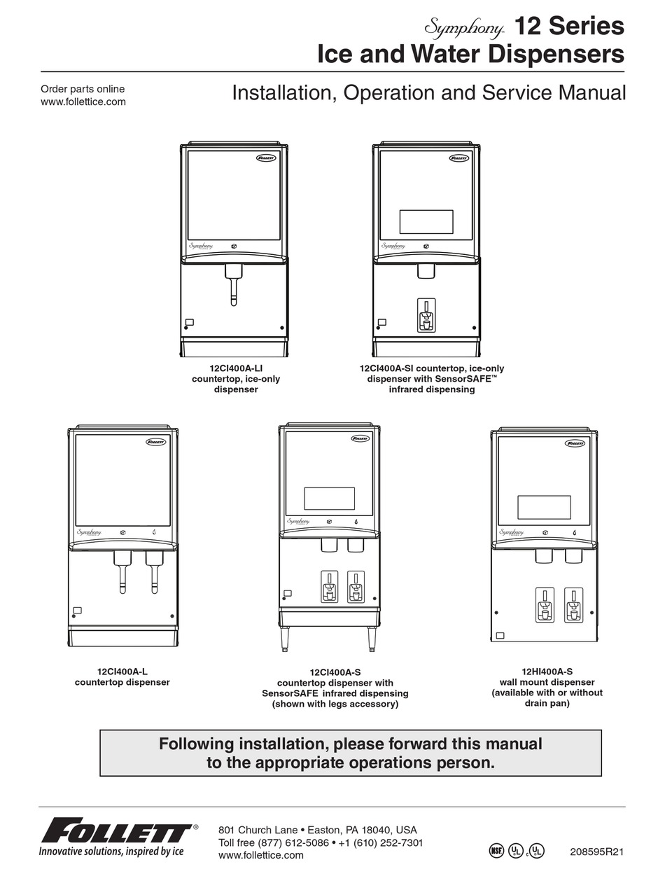 FOLLETT 12CI400A-LI INSTALLATION, OPERATION AND SERVICE MANUAL Pdf
