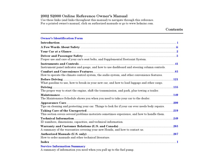 HONDA 2002 S2000 OWNER'S MANUAL Pdf Download | ManualsLib