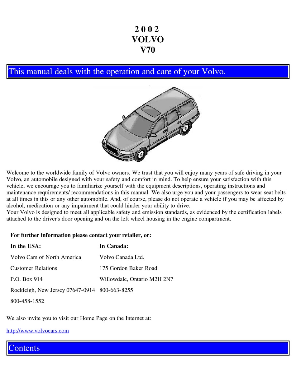VOLVO 2002 V70 OPERATION AND CARE MANUAL Pdf Download | ManualsLib