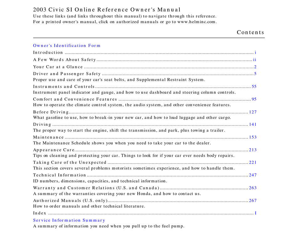 HONDA 2003 CIVIC SI OWNER'S MANUAL Pdf Download | ManualsLib