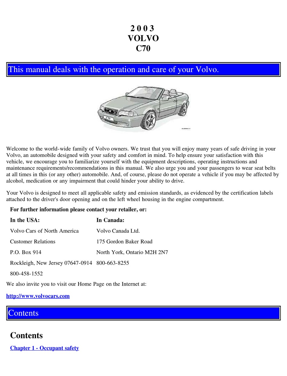 VOLVO 2003 C70 OPERATION AND CARE MANUAL Pdf Download | ManualsLib