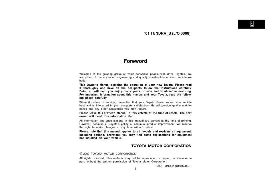 TOYOTA 2001 TUNDRA OWNER'S MANUAL Pdf Download ManualsLib