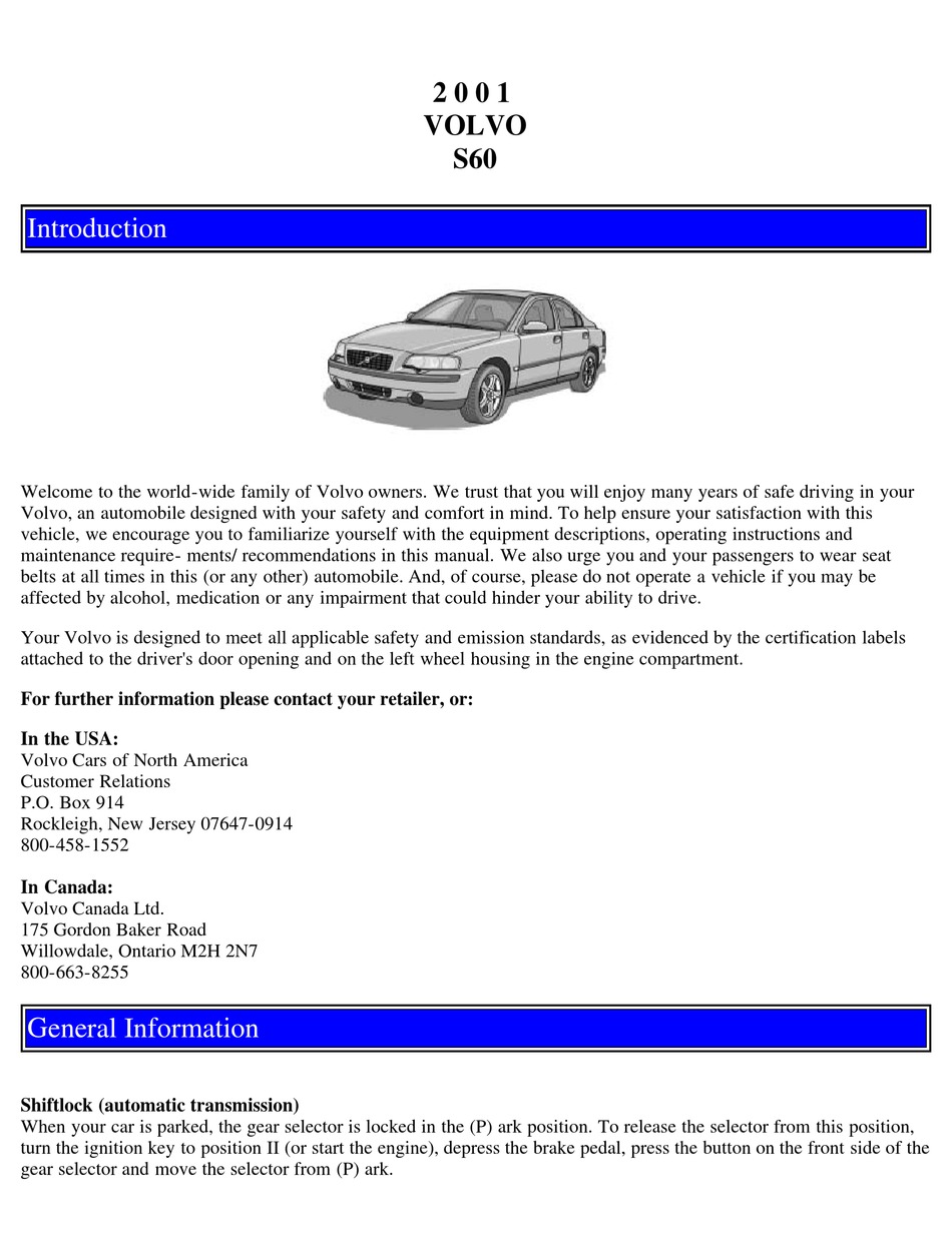 VOLVO 2001 S60 MANUAL Pdf Download | ManualsLib