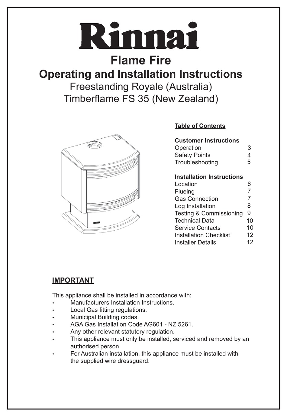 RINNAI FS 35 OPERATING AND INSTALLATION INSTRUCTIONS Pdf Download