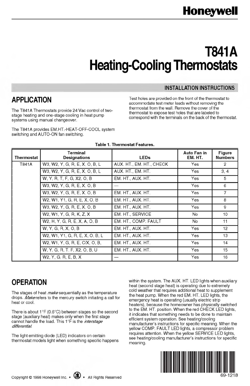 HONEYWELL T841A INSTALLATION INSTRUCTIONS MANUAL Pdf Download | ManualsLib