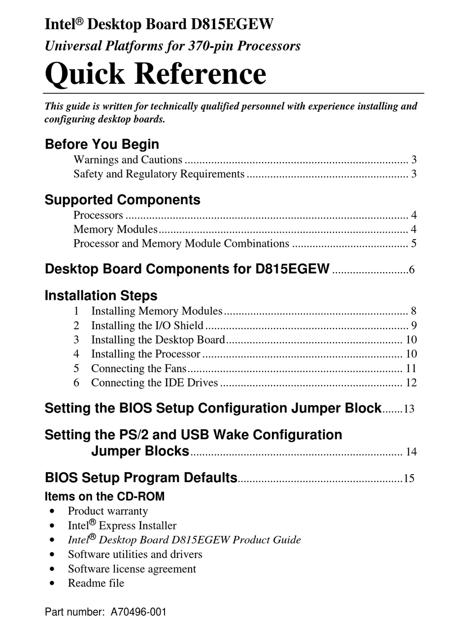 Intel D815egew Quick Reference Pdf Download Manualslib