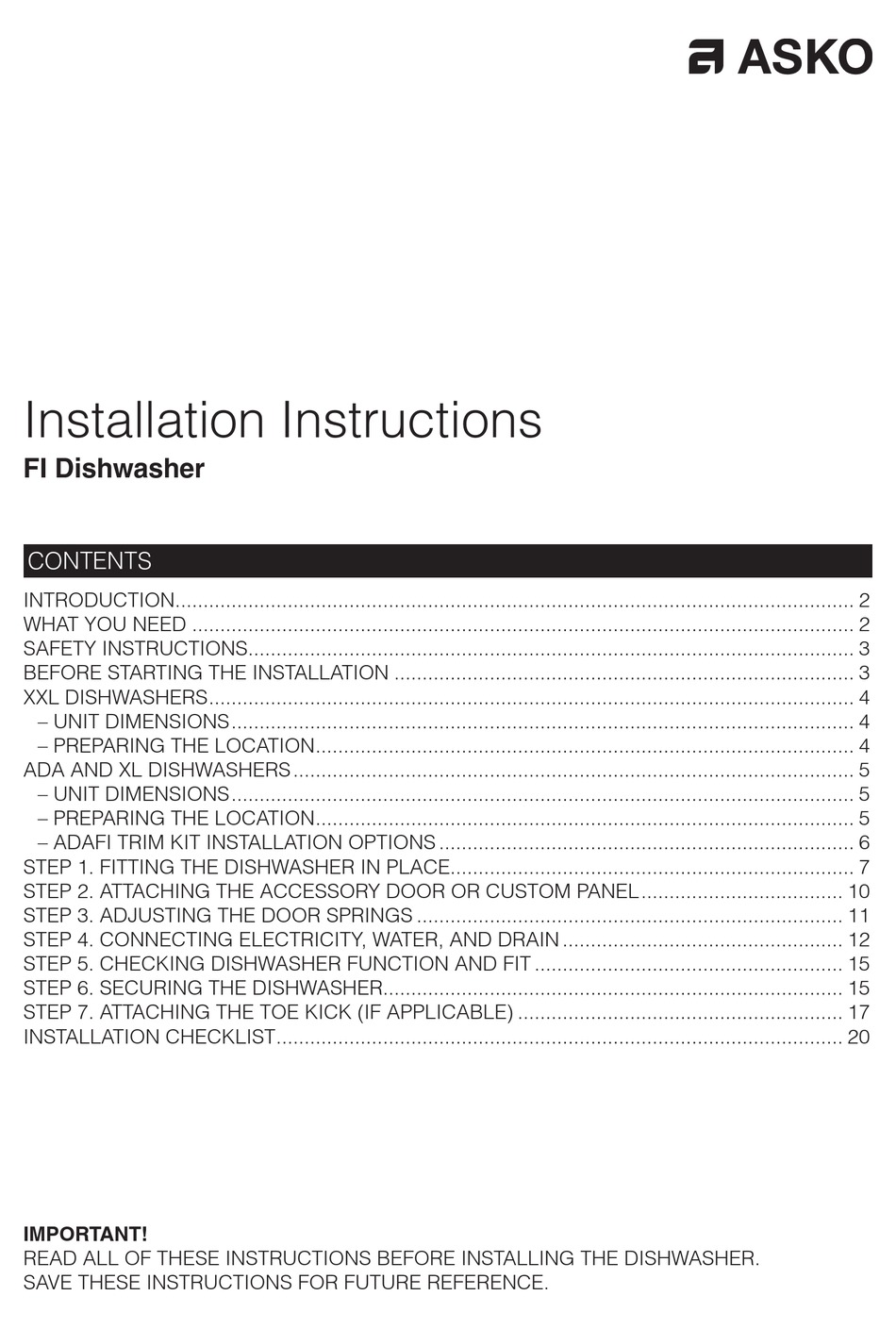 ASKO ADA SERIES INSTALLATION INSTRUCTIONS MANUAL Pdf Download ManualsLib