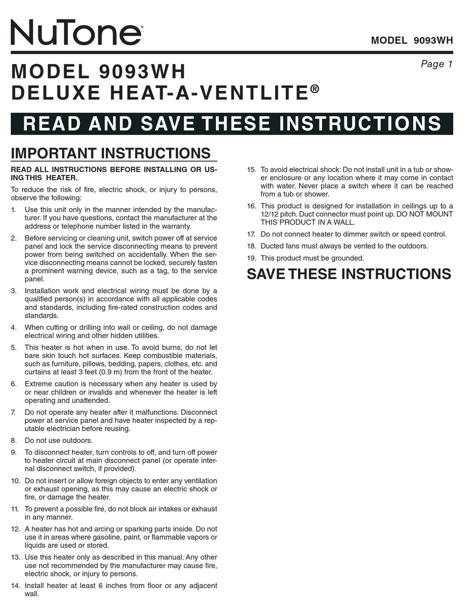 NUTONE 9093WH INSTRUCTIONS MANUAL Pdf Download ManualsLib