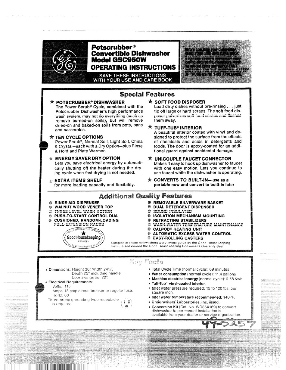 GE GSC950W OPERATING INSTRUCTIONS Pdf Download ManualsLib