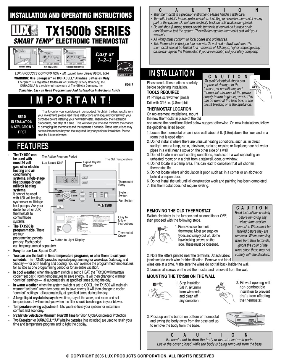 LUX TX1500B SERIES INSTALLATION AND OPERATING INSTRUCTIONS Pdf Download