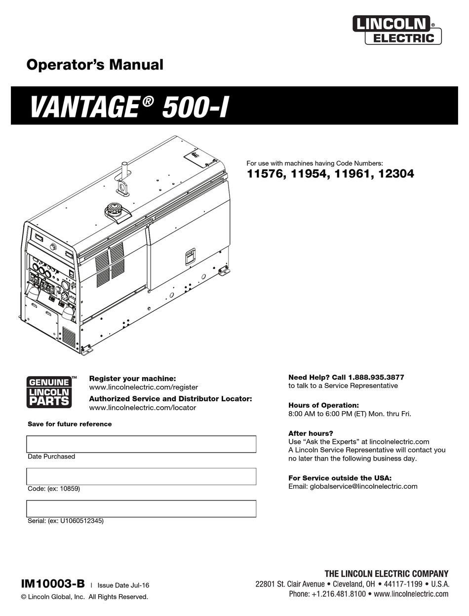 LINCOLN ELECTRIC VANTAGE 500I OPERATOR'S MANUAL Pdf Download ManualsLib