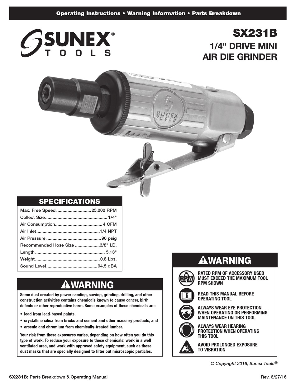 Sunex 1/4" Mini Straight Air Die Grinder Pneumatic Tools SX231B 