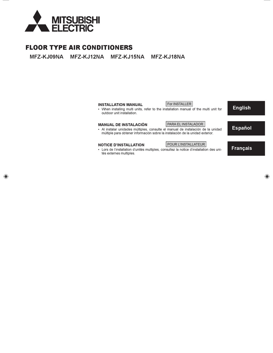 MITSUBISHI ELECTRIC MFZKJ09NA INSTALLATION MANUAL Pdf Download