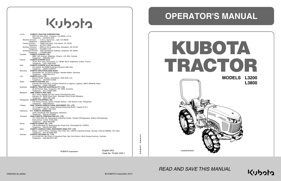 Kubota L3200 & L3800 LA525 Tractor Operator's Manual PLUS the Loader Manual CD 