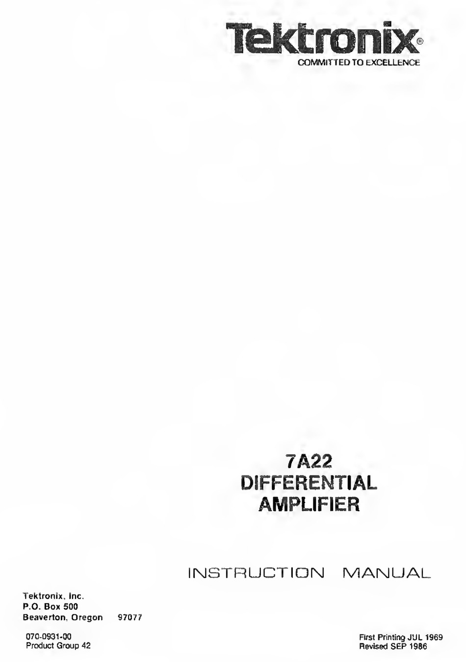 Original Tektronix Instruction Manual for the 7A22 Diff amp plugin
