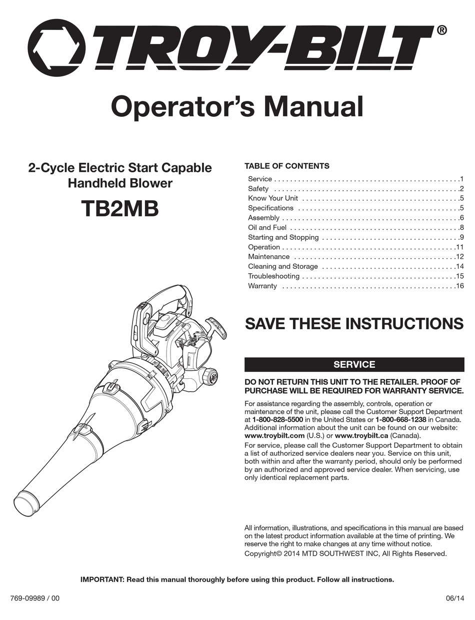 TROYBILT TB2MB OPERATOR