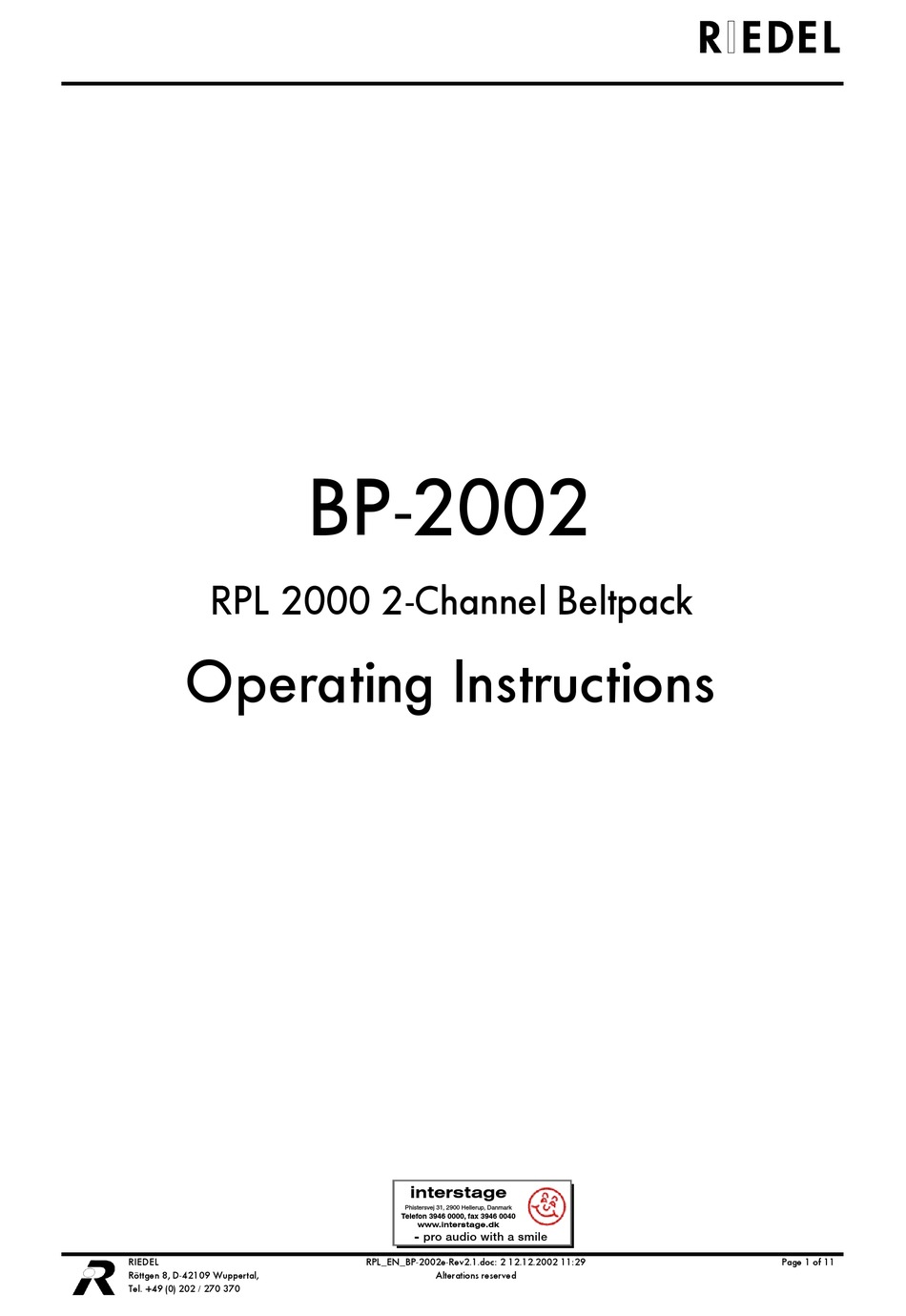 RIEDEL BP2002 OPERATING INSTRUCTIONS MANUAL Pdf Download ManualsLib