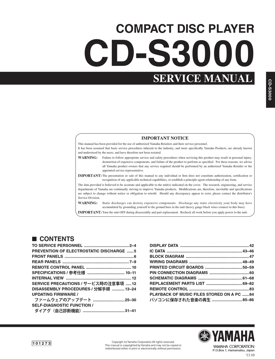 Yamaha Cd S3000 Service Manual Pdf Download Manualslib