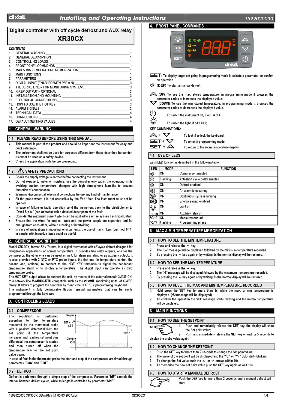 DIXELL XR30CX INSTALLATION AND OPERATING INSTRUCTIONS Pdf Download