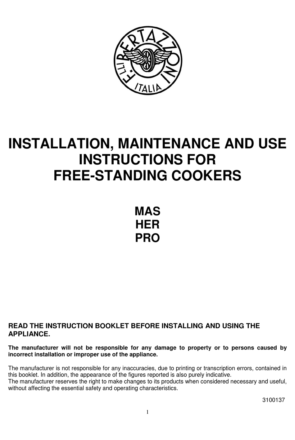BERTAZZONI MAS SERIES INSTALLATION, MAINTENANCE & USE INSTRUCTIONS Pdf