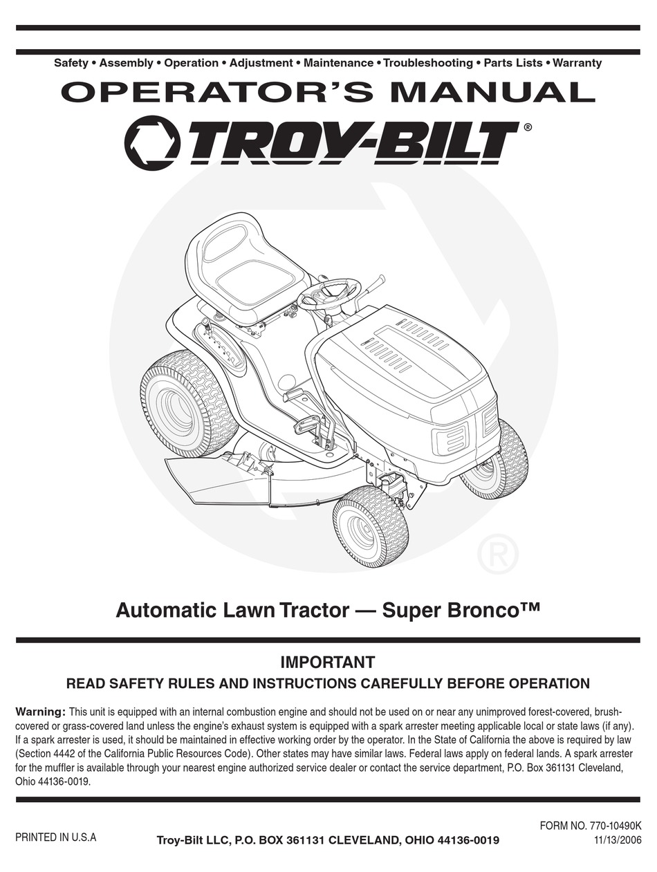 TROY-BILT SUPER BRONCO OPERATOR'S MANUAL Pdf Download | ManualsLib