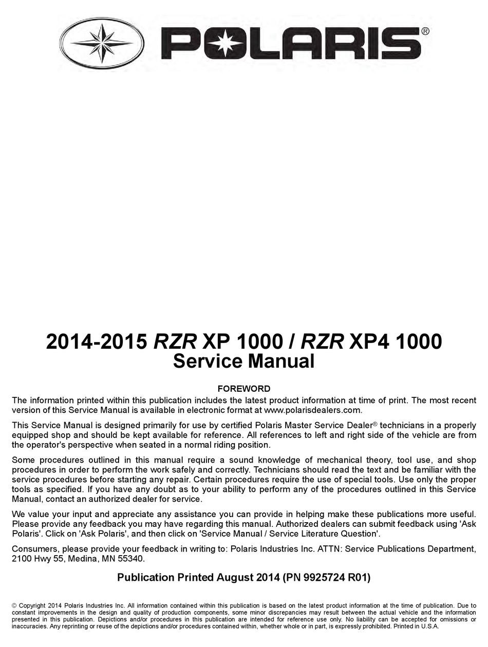 Polaris Rzr Xp 1000 Service Manual Pdf
