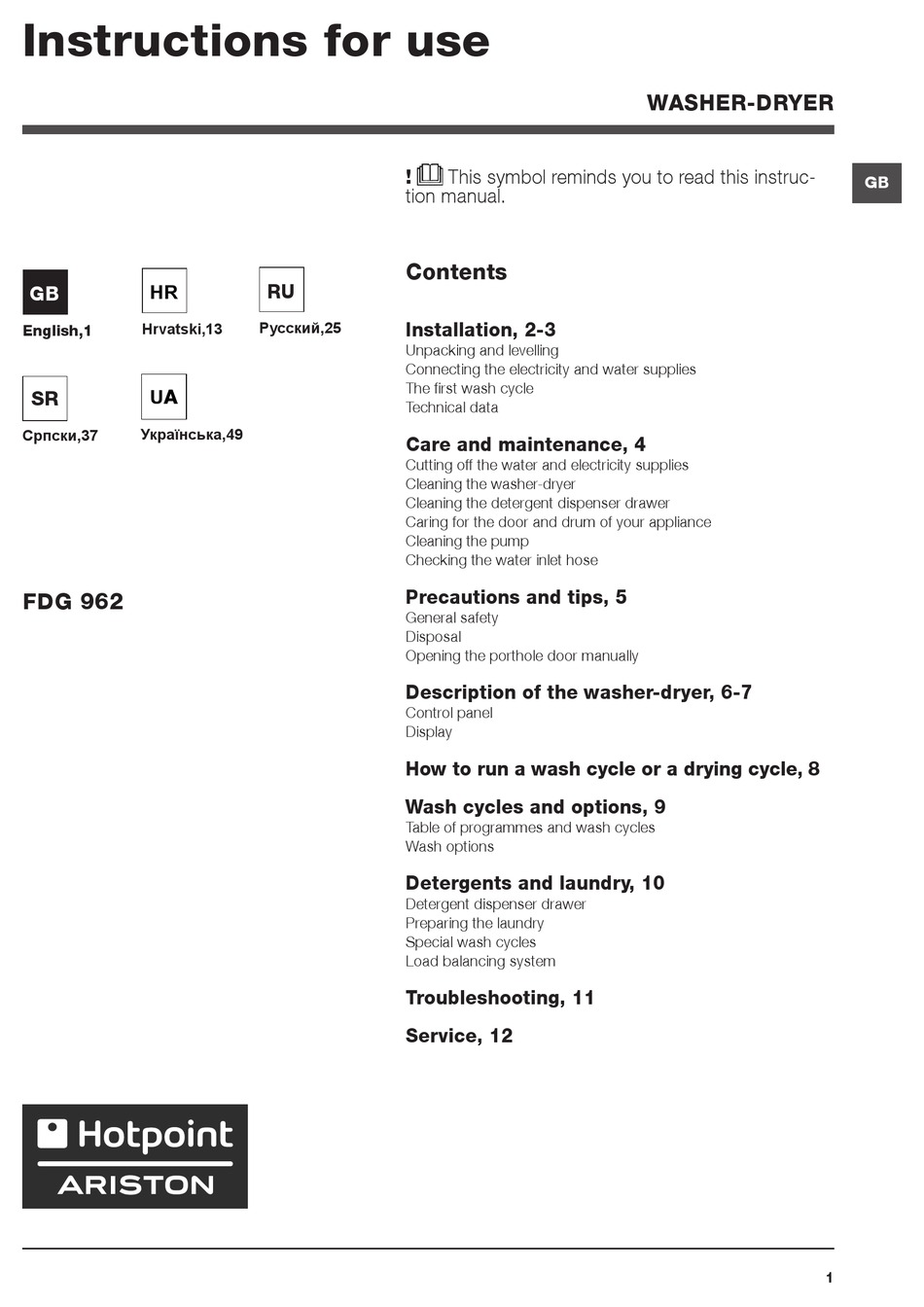 Care And Maintenance; Cutting Off The Water And Electricity Supplies;  Cleaning The Washer-Dryer; Cleaning The Detergent Dispenser Drawer - Hotpoint  Ariston FDG 962 Instructions For Use Manual [Page 4] | ManualsLib