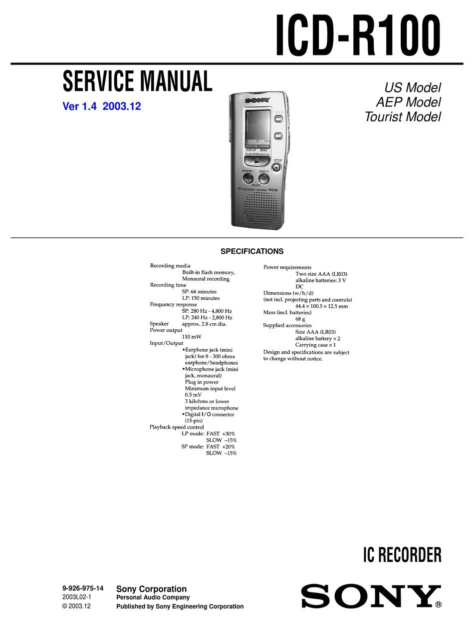 SONY ICD-R100 SERVICE MANUAL Pdf Download | ManualsLib