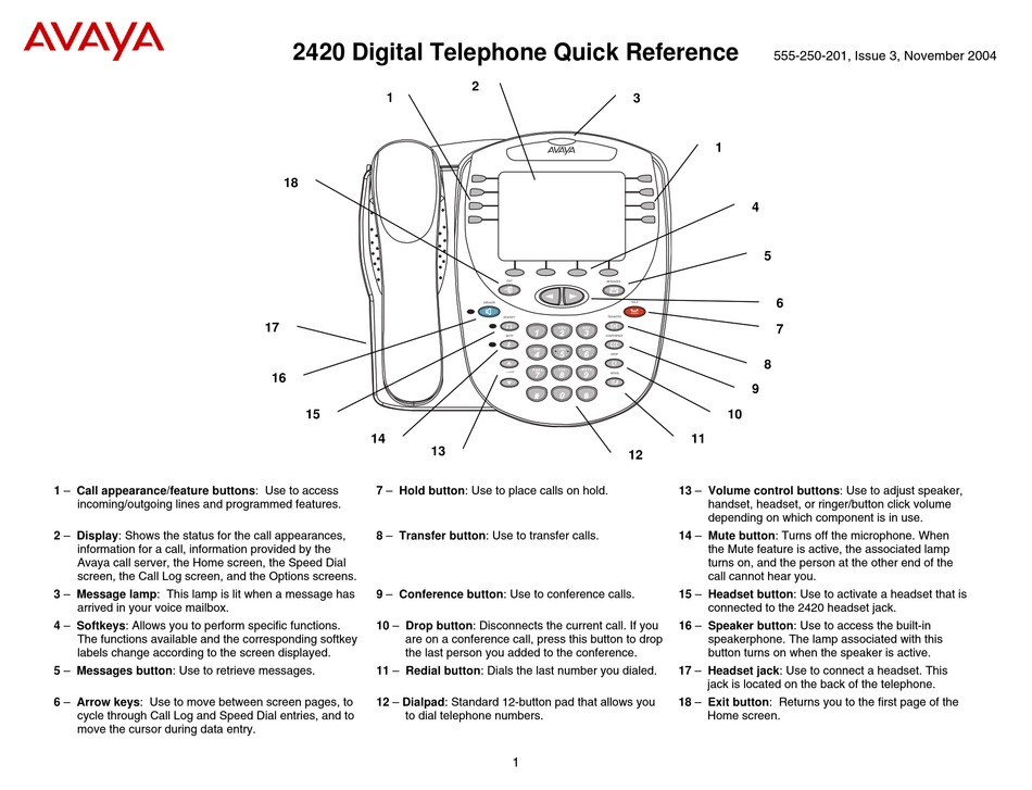 AVAYA 2420 QUICK REFERENCE MANUAL Pdf Download | ManualsLib