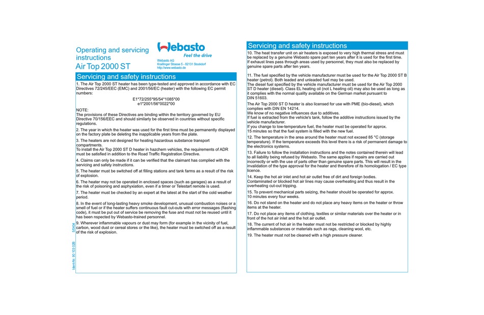 WEBASTO AIR TOP 2000 ST OPERATING, AND SERVICING INSTRUCTIONS Pdf