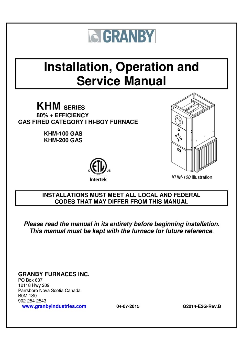 GRANBY KHM100 GAS INSTALLATION, OPERATION AND SERVICE MANUAL Pdf