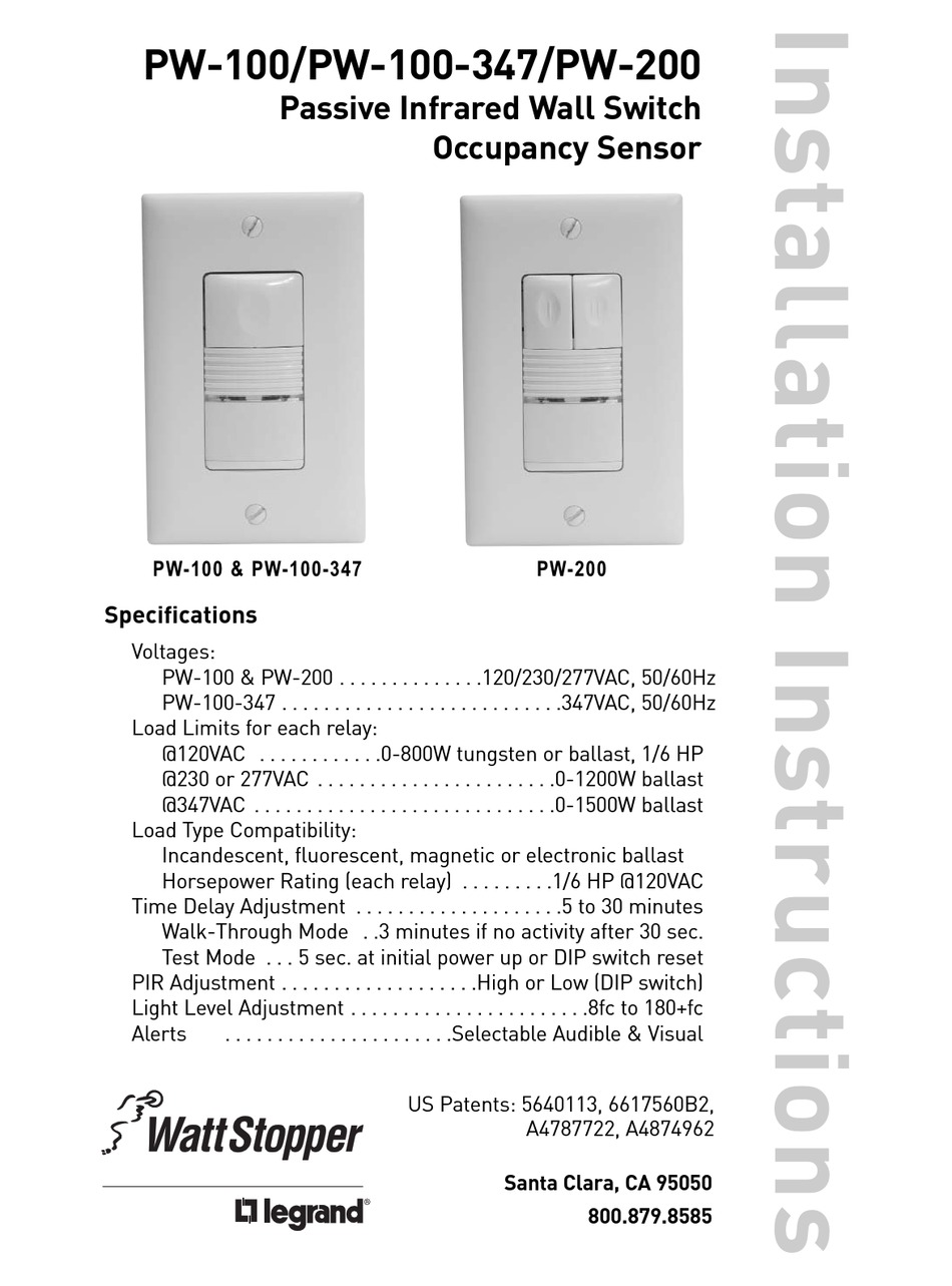 Wattstopper Pw 100 Installation Instructions Manual Pdf Download Manualslib