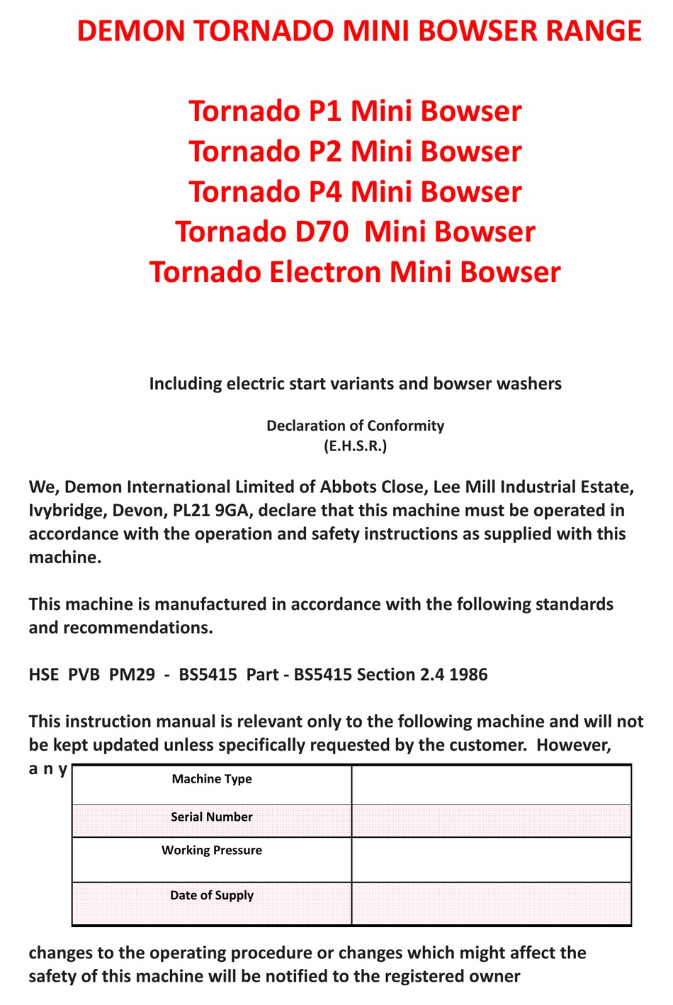 DEMON INTERNATIONAL TORNADO P1 MINI BOWSER INSTRUCTION MANUAL Pdf Download