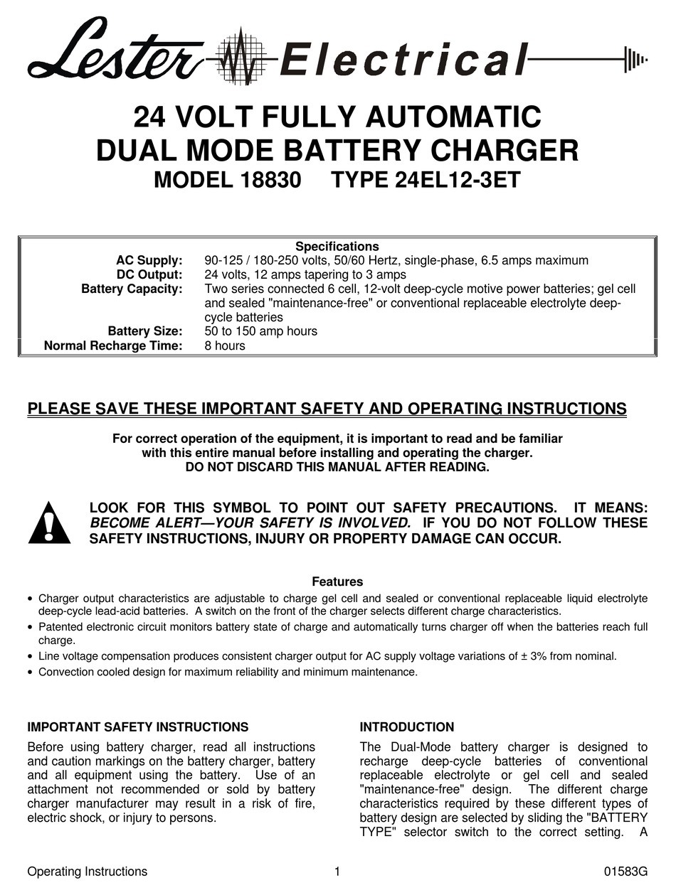 lester 24 volt battery charger