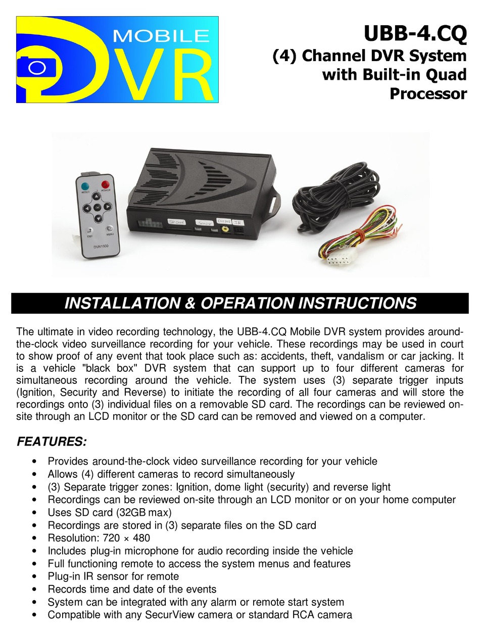 MOBILE DVR UBB4.CQ INSTALLATION/OPERATION INSTRUCTION MANUAL Pdf